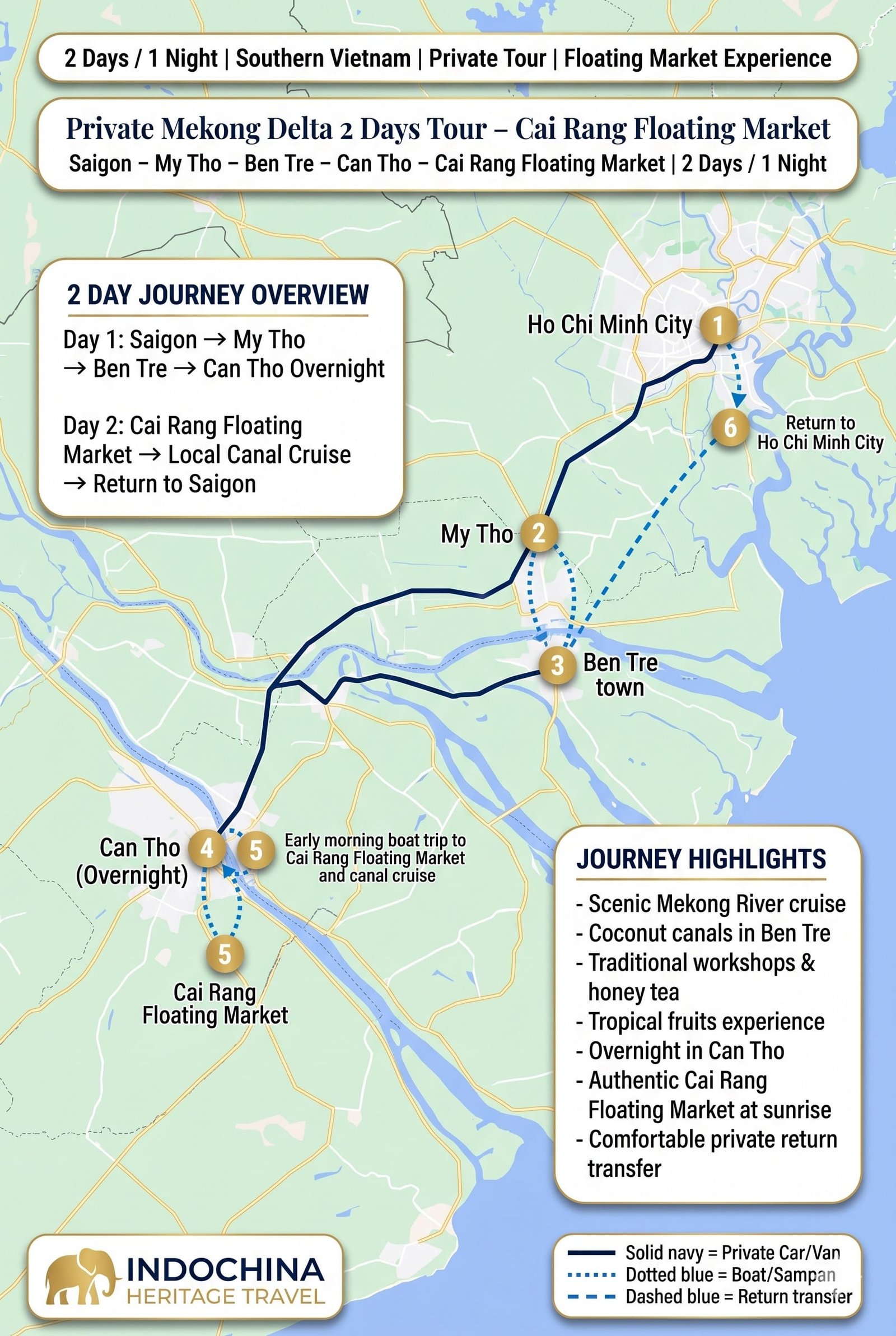 Private Mekong Delta 2 Days Tour Cai Rang Floating Market Trip Map
