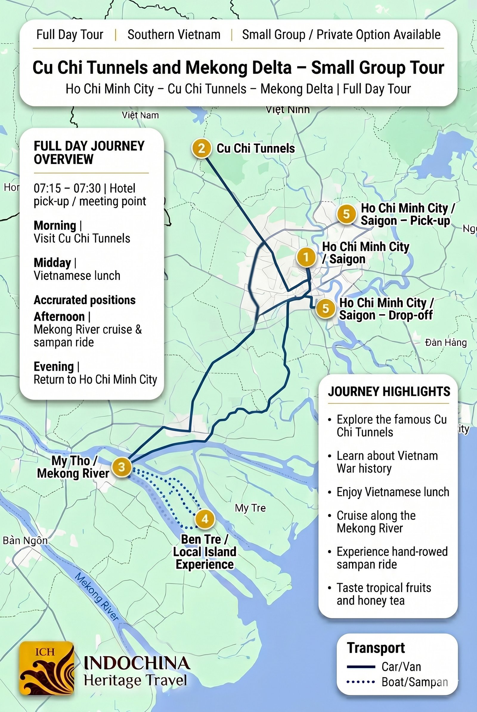 Cu Chi Tunnels and Mekong Delta VIP Private Tour Trip Map