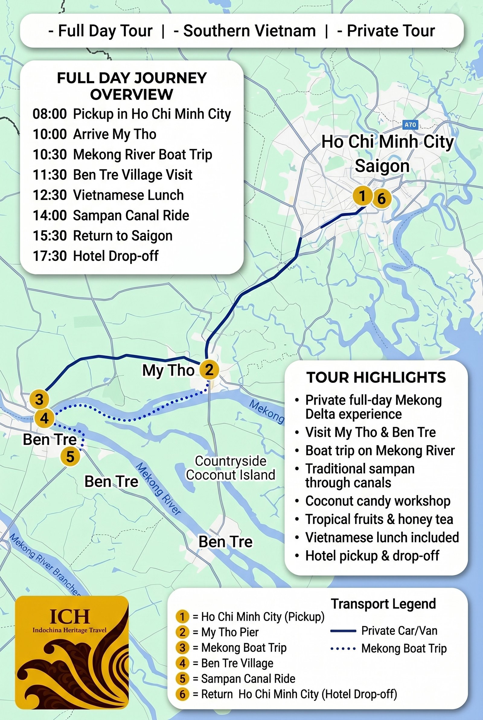 Mekong Delta My Tho Ben Tre Private Tour Trip Map