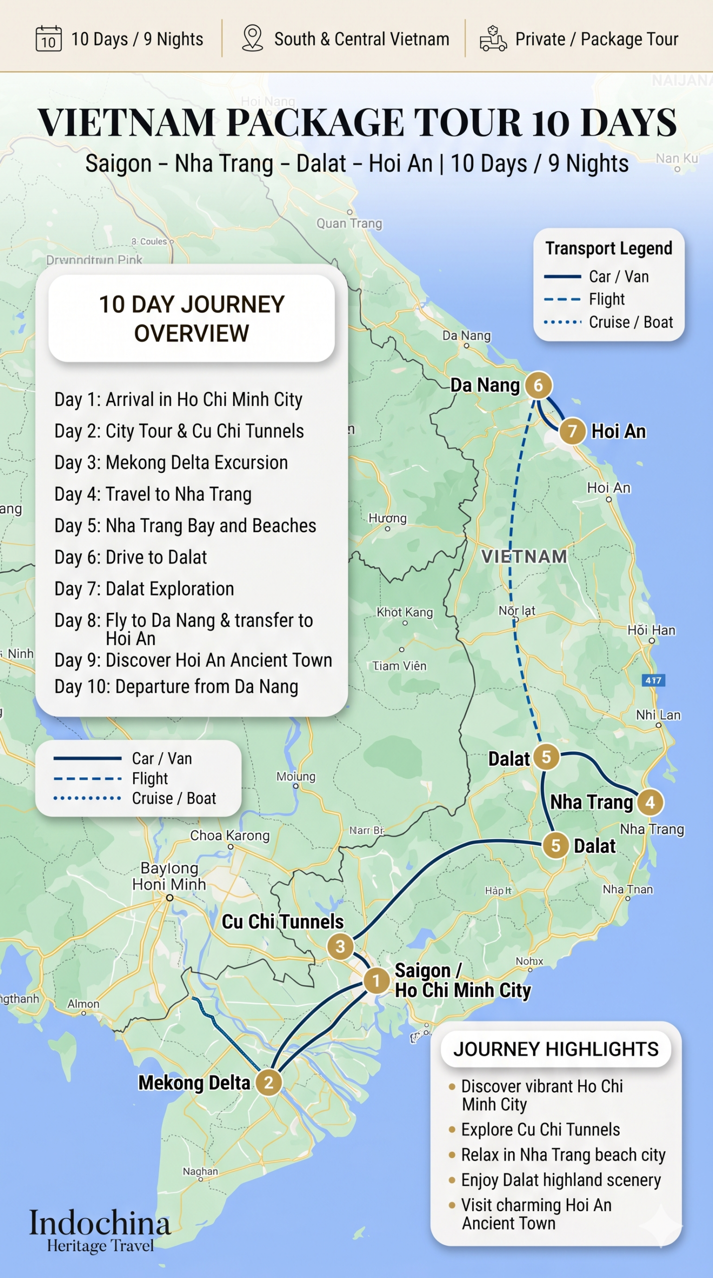 10-Day Vietnam Tour Map from Saigon to Nha Trang, Da Lat and Hoi An
