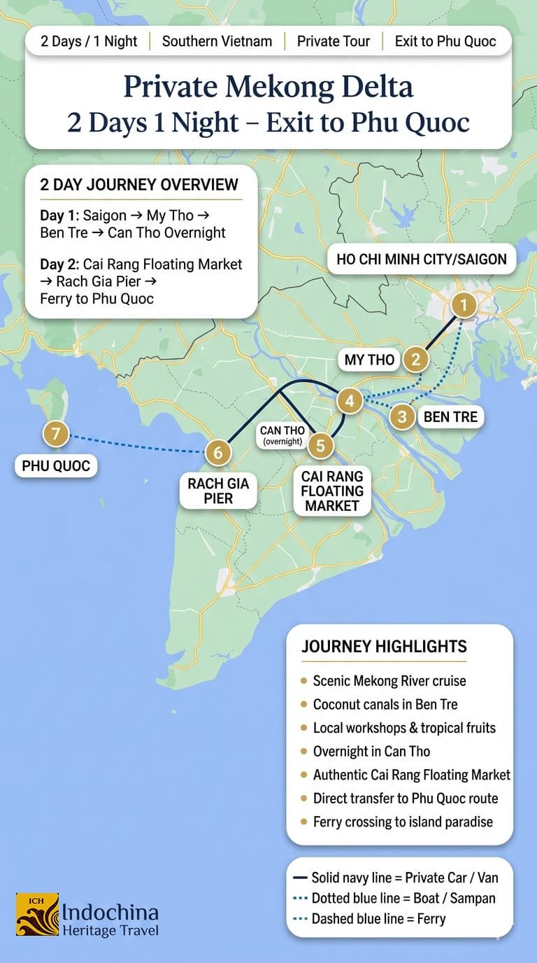 Private Mekong Delta 2 Days 1 Night Exit to Phu Quoc Trip Map