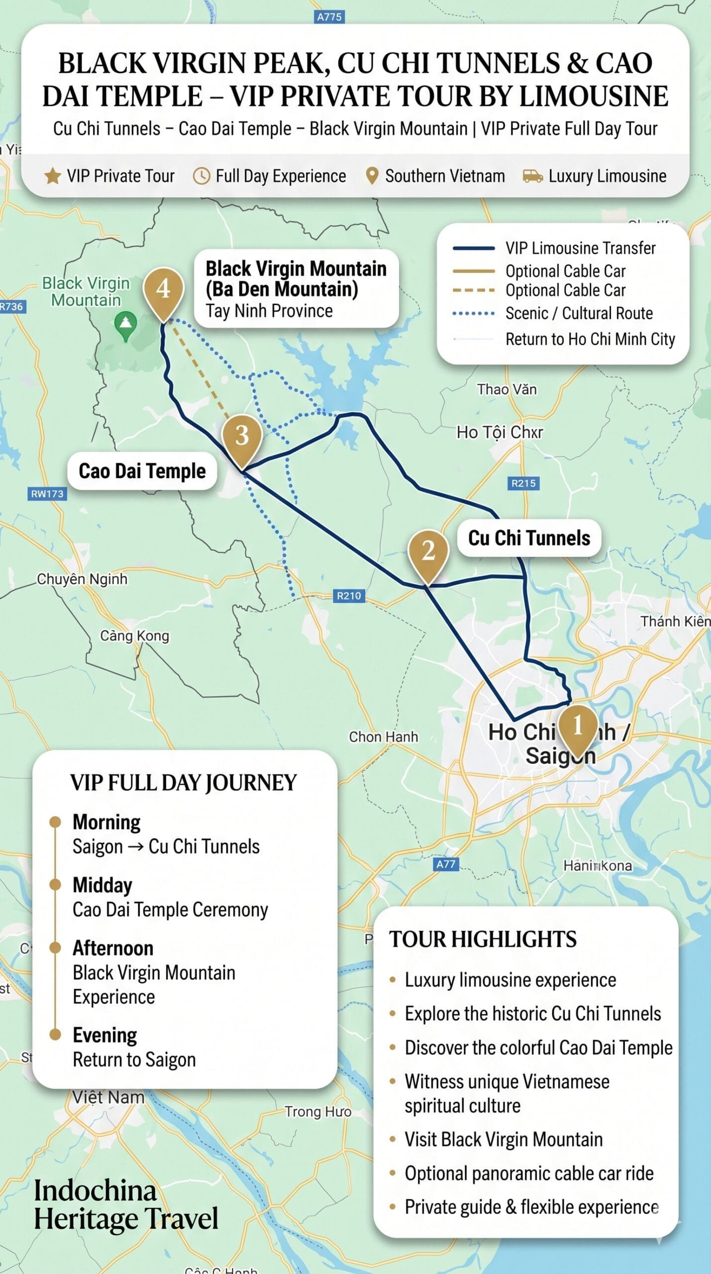 Black Virgin Peak Cu Chi Tunnels Cao Dai Temple VIP Private Tour by Limousine Trip Map