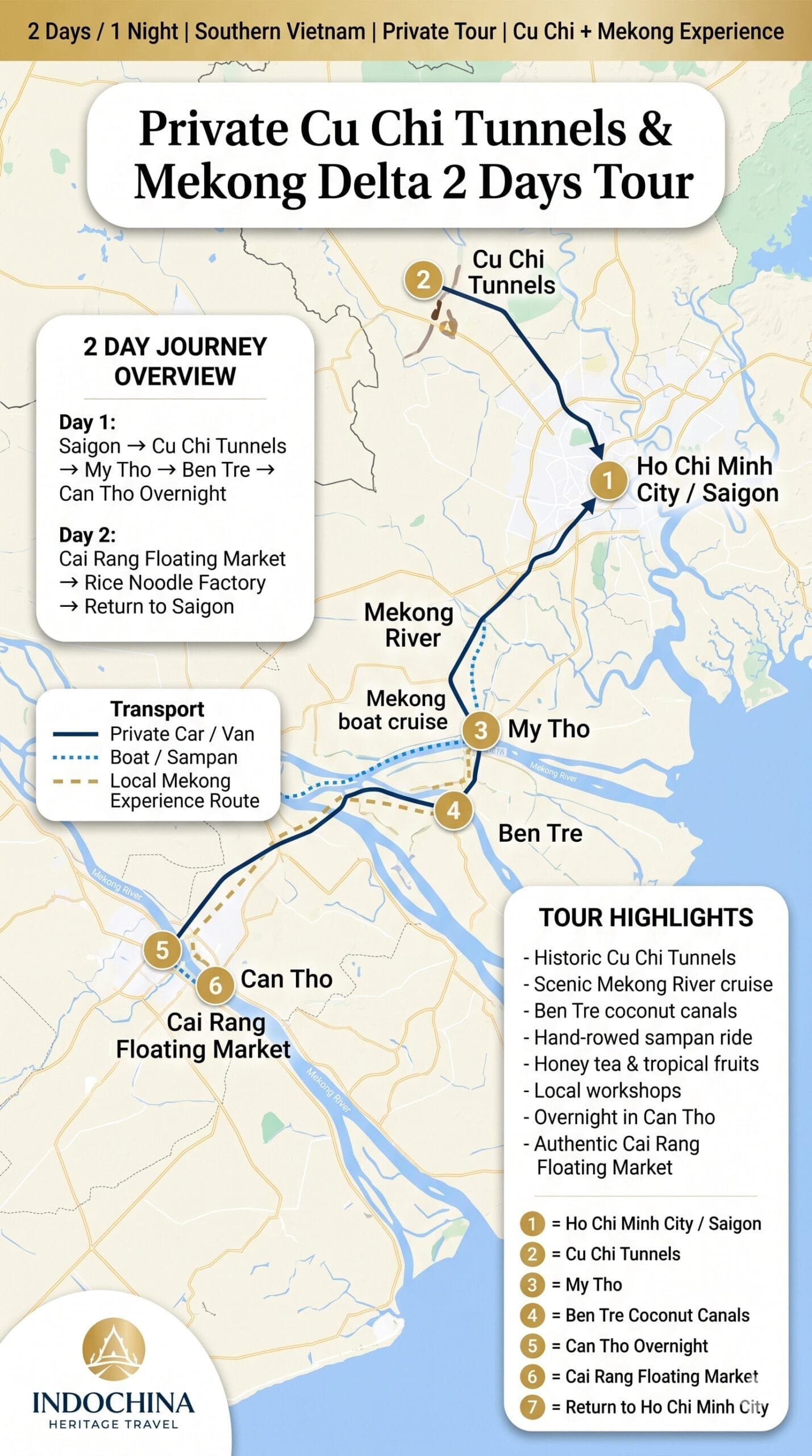 Private Cu Chi Tunnels Mekong Delta 2 Days Tour Trip Map