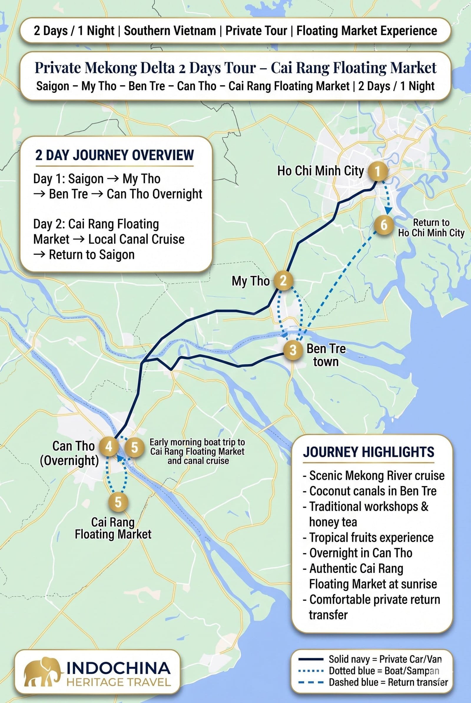 Private Mekong Delta 2 Days Tour Cai Rang Floating Market Trip Map