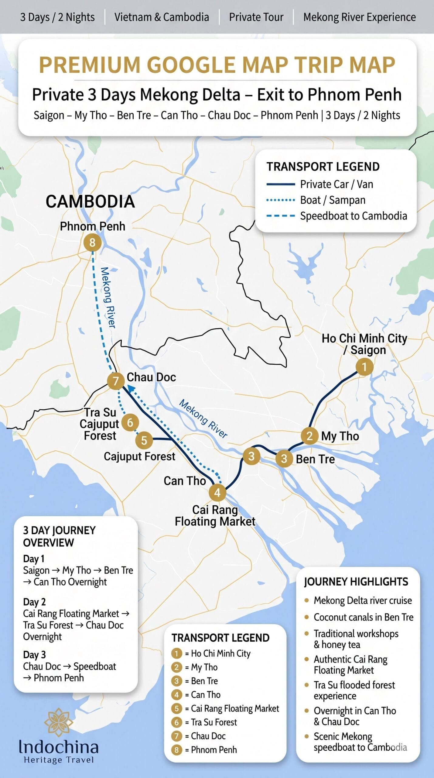 Private 3 Days Mekong Delta Exit To Phnom Penh Trip Map