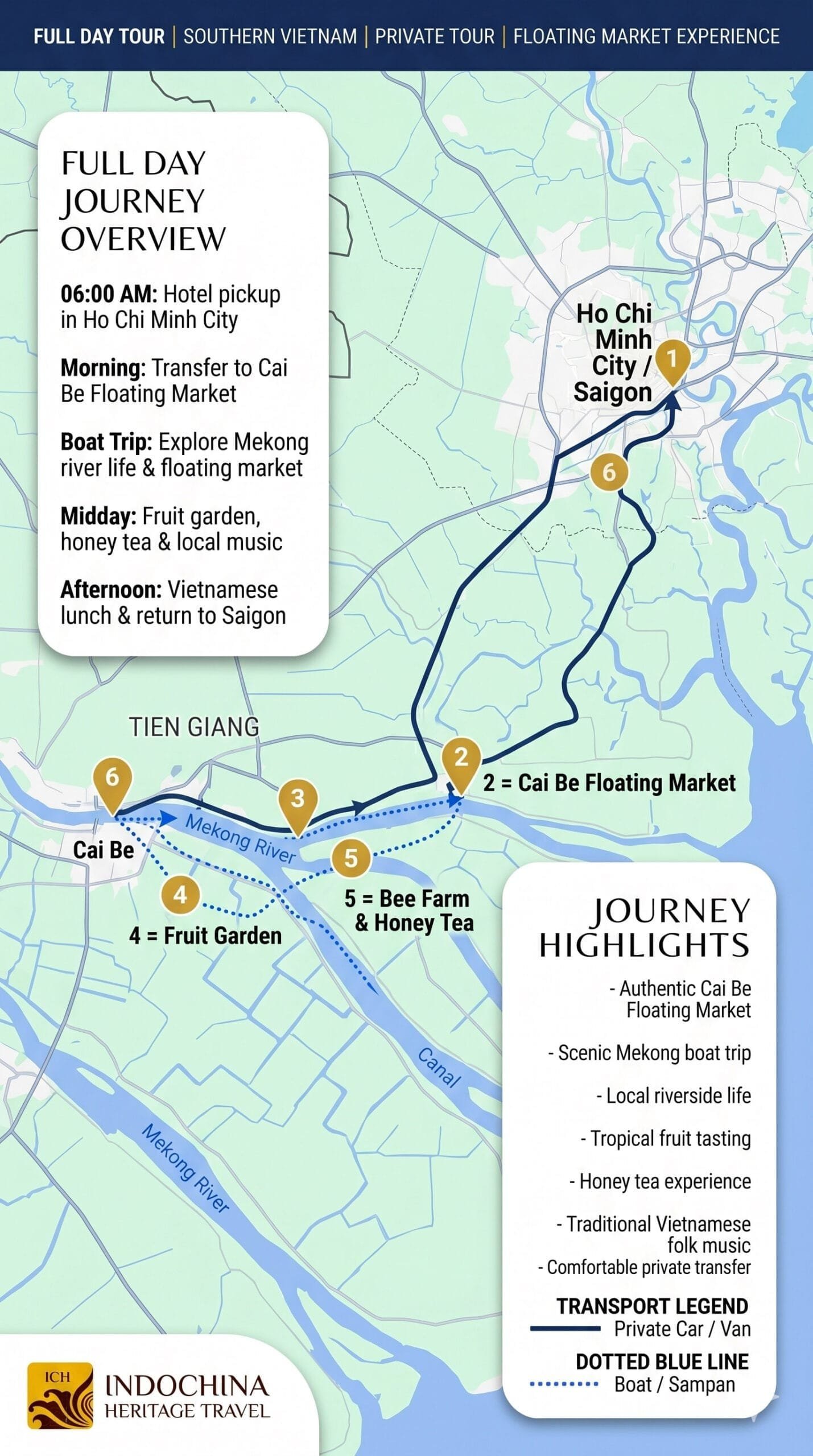 Private Cai Be Floating Market One Day Tour Trip Map