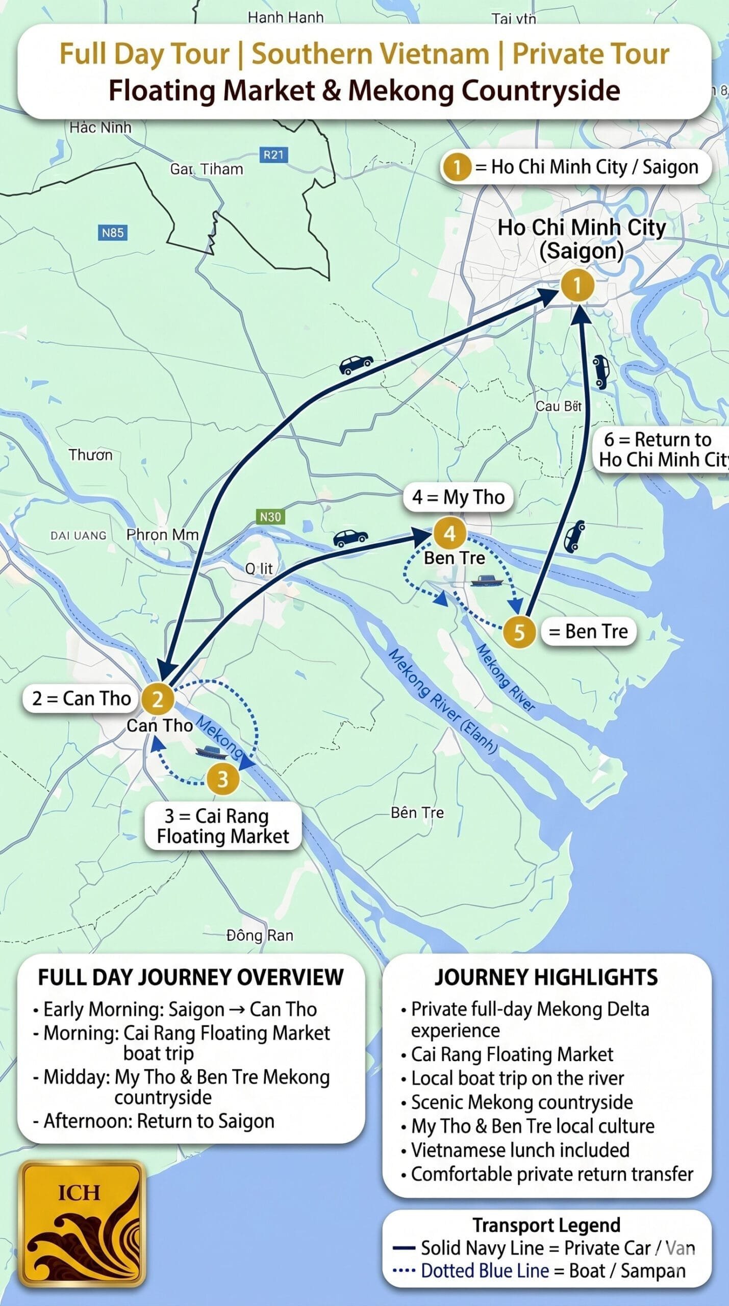 Private Cai Rang Floating Market My Tho Ben Tre 1 Day Tour Trip Map