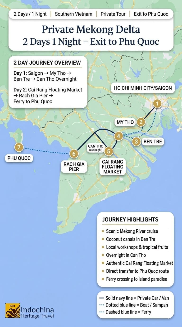 Private Mekong Delta 2 Days 1 Night Exit to Phu Quoc Trip Map