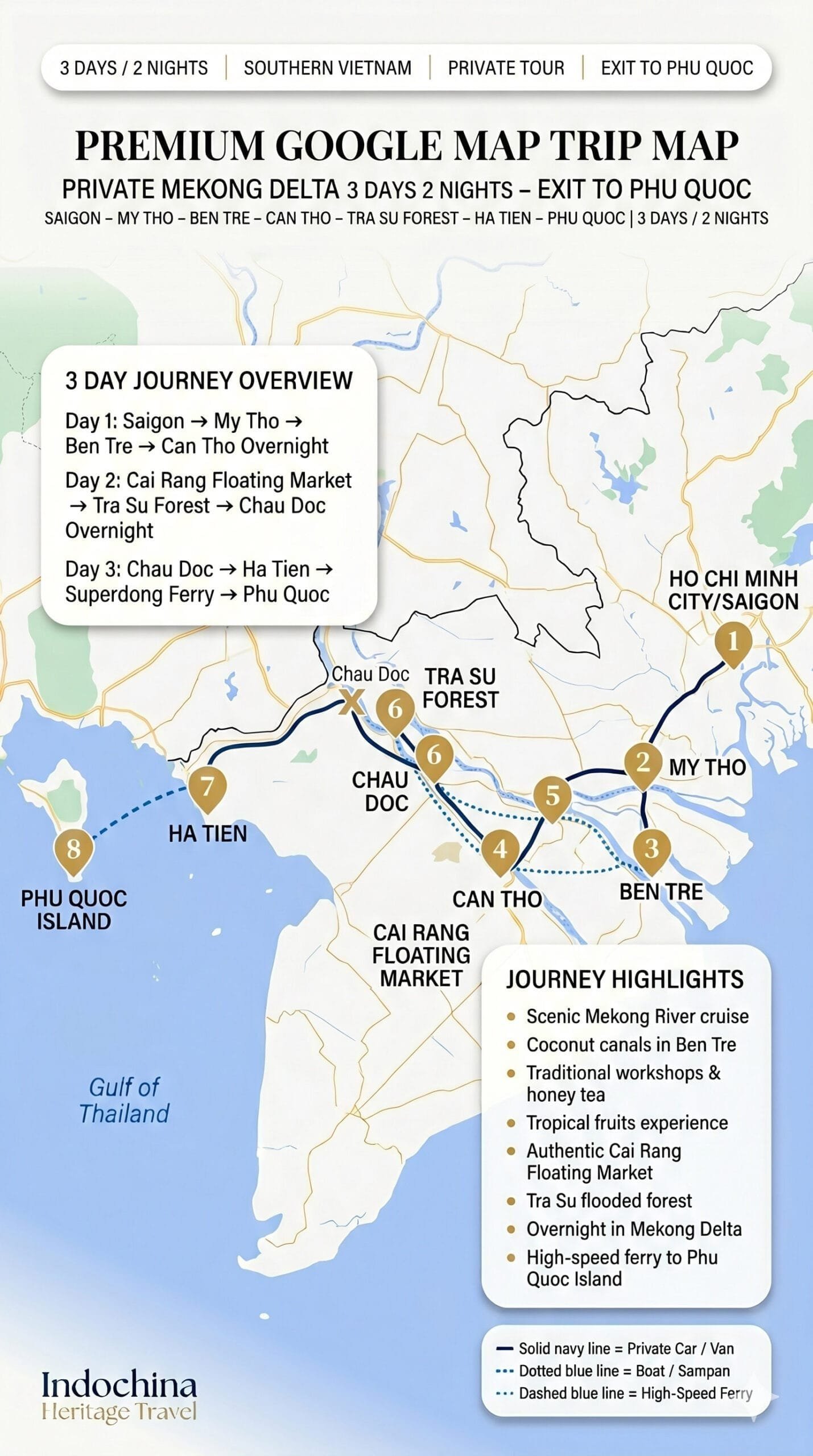 Private Mekong Delta 3 Days 2 Nights Exit To Phu Quoc Trip Map
